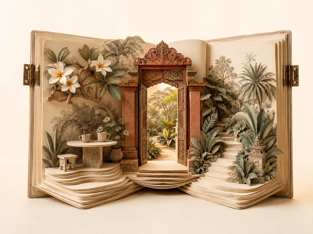 An open book unfolds into a Balinese doorway, garden and terraces: a new chapter taking shape.